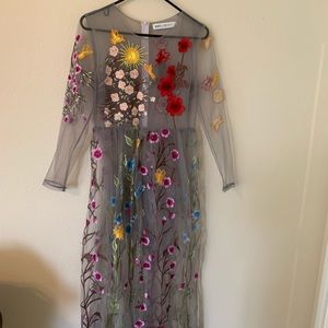 Sheet mesh floral embroidered midi dress